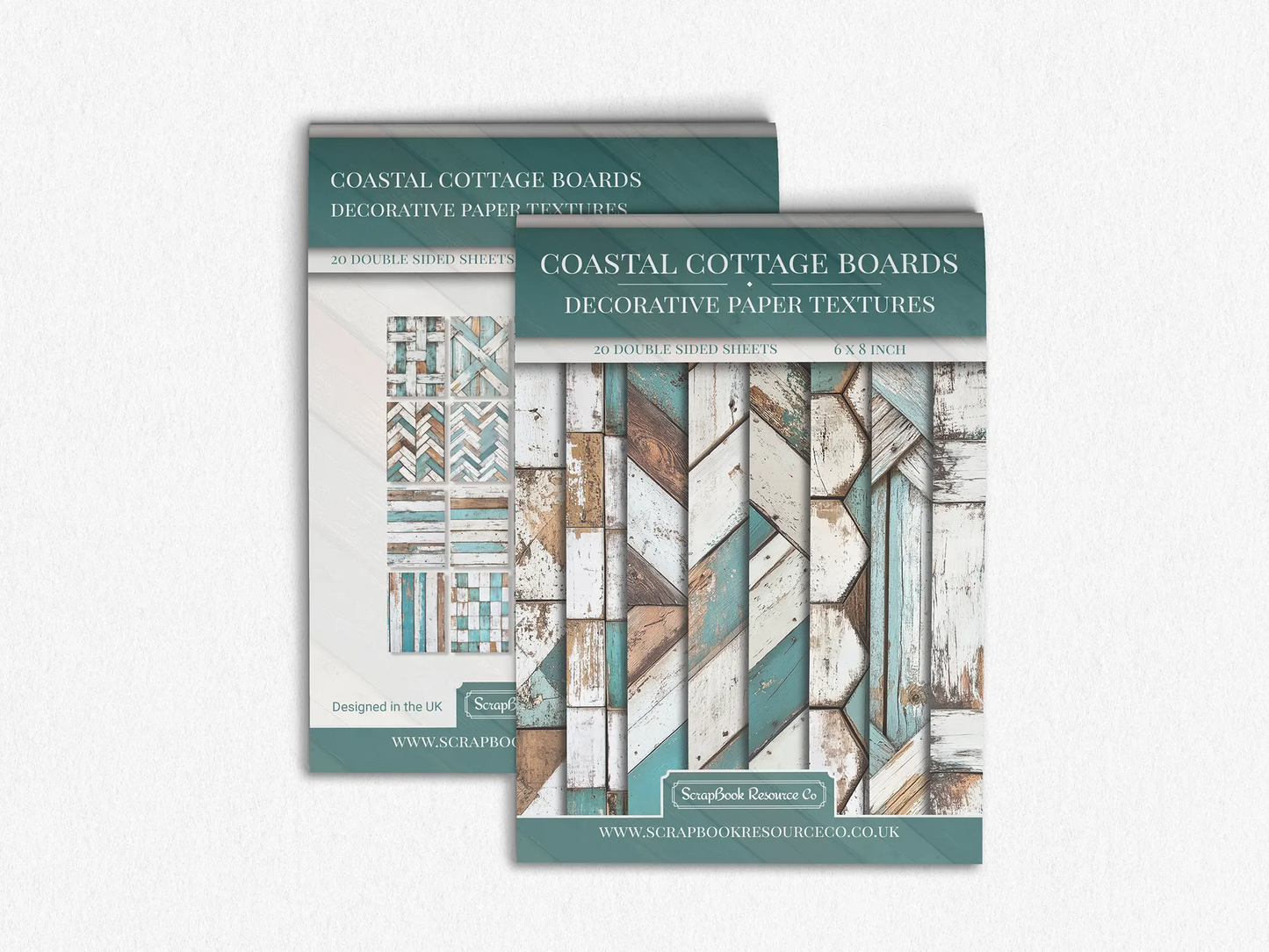 Front and Back cover of a decorative paper prints pad that contains turquoise and white coloured wooden textures