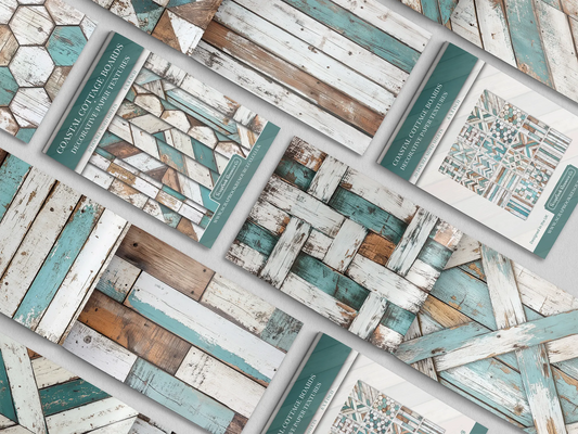 Collage of print pads organised into neat rows opened on various pages to display the inside pages which contain turquoise and white coloured wooden textures