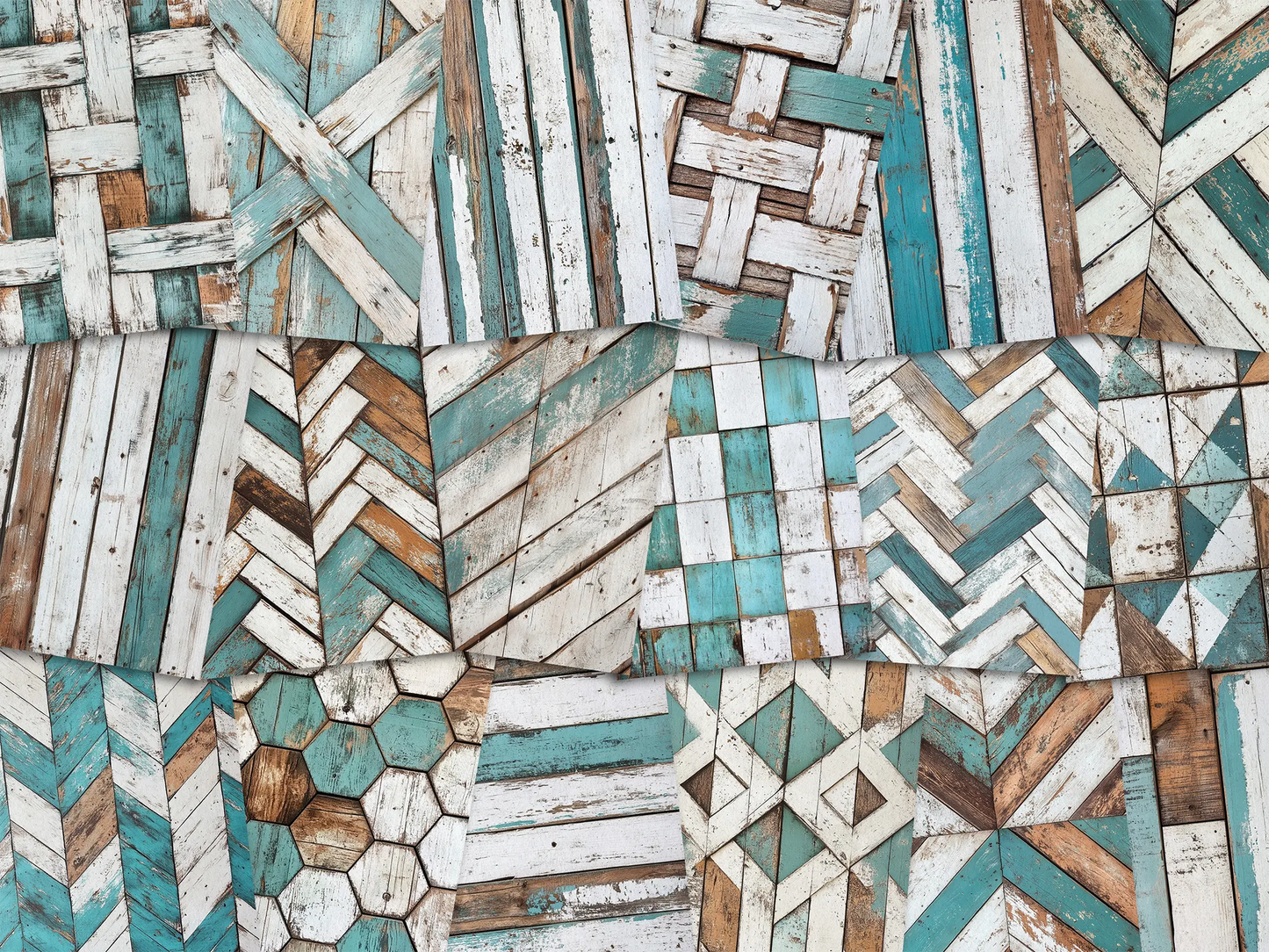 Collage of paper sheets showing the content of the wooden textures prints pad. The images on the paper sheets are wooden textures in turquoise and white colours