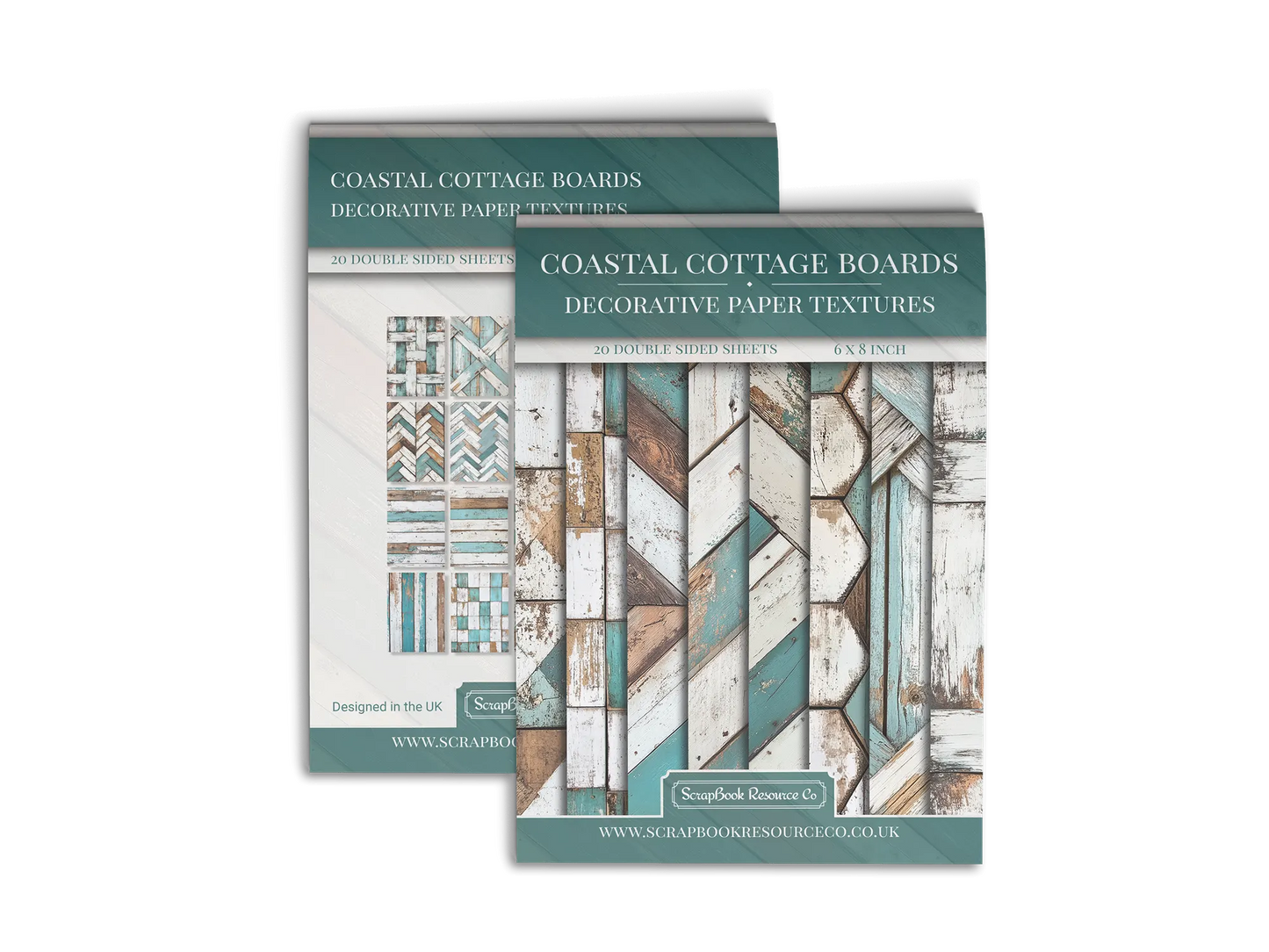 Front and Back cover of a decorative paper prints pad that contains turquoise and white coloured wooden textures