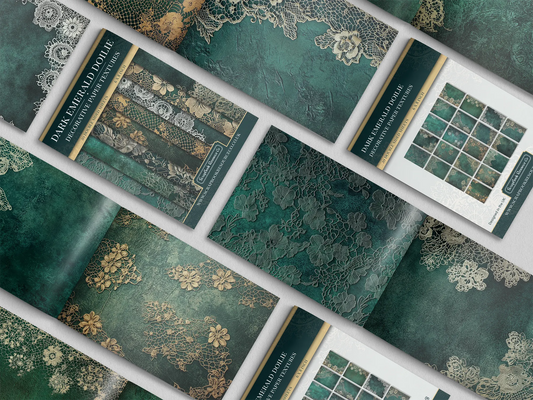 Collection of green textured paper with lace and floral patterns