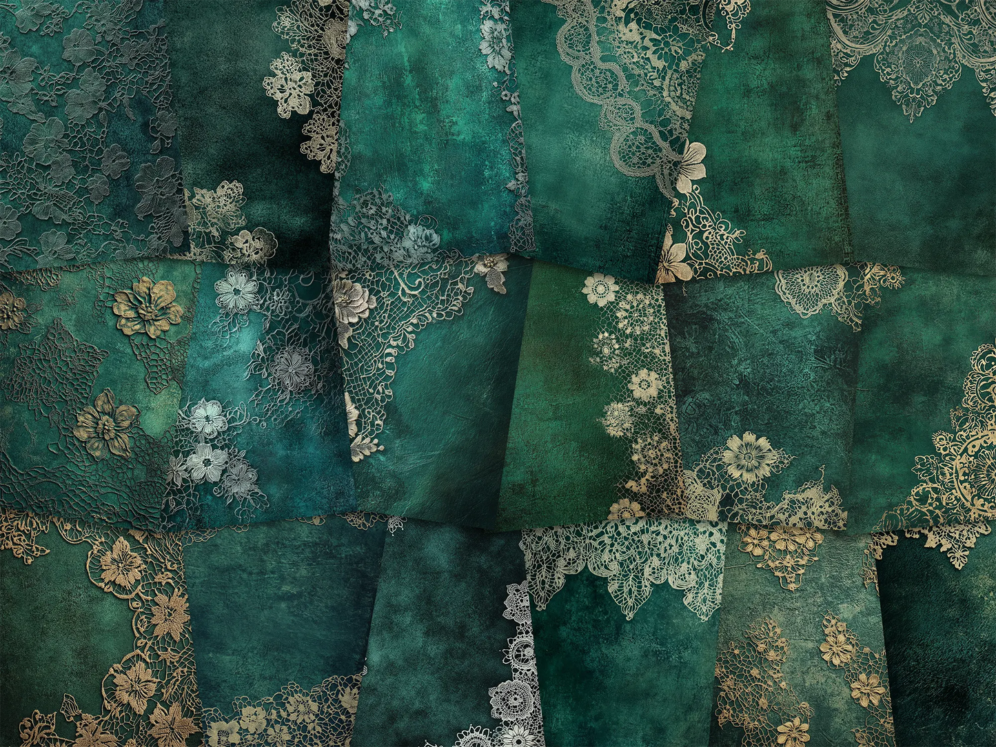 Patterned paper with floral and lace designs in shades of green.
