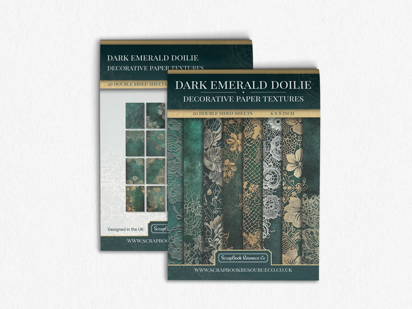 Front and Back cover of a decorative paper prints pad that contains dark green vintage doilie patterns