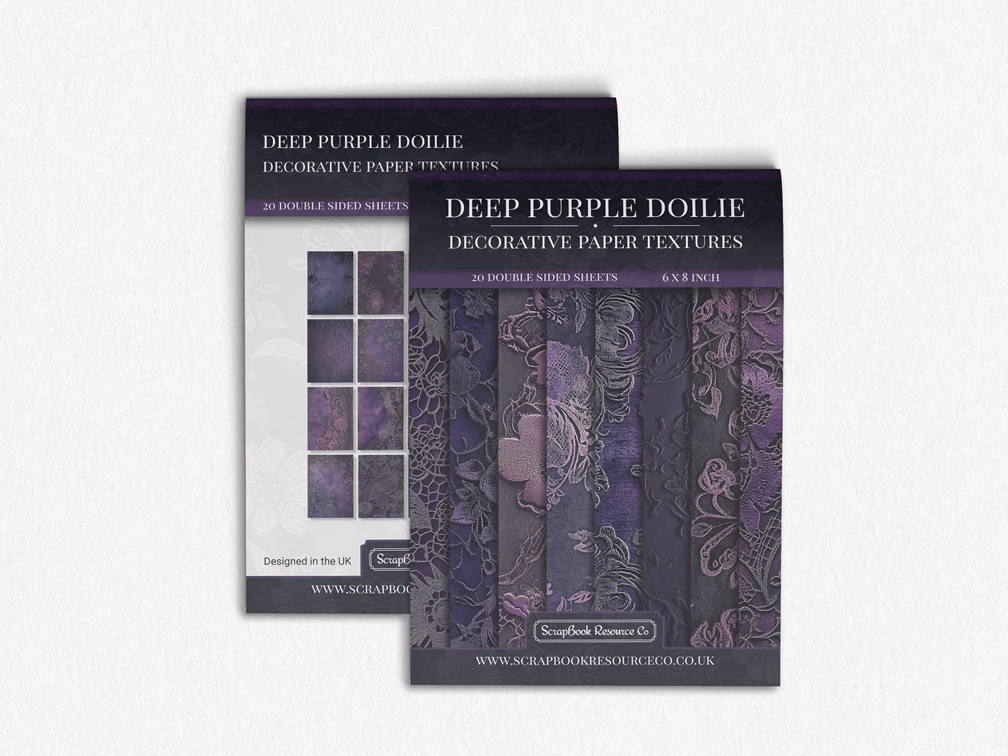 Front and Back cover of a decorative paper prints pad that contains dark purple vintage doilie patterns