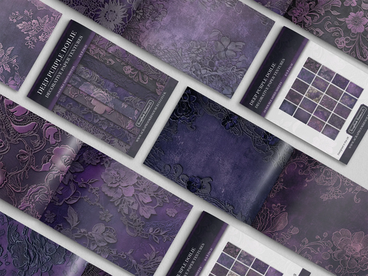 Collection of purple textured paper with lace and floral patterns