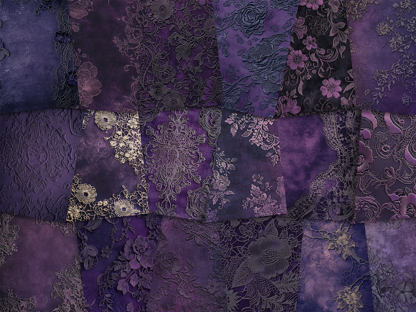 Patterned paper with floral and lace designs in shades of purple and black.