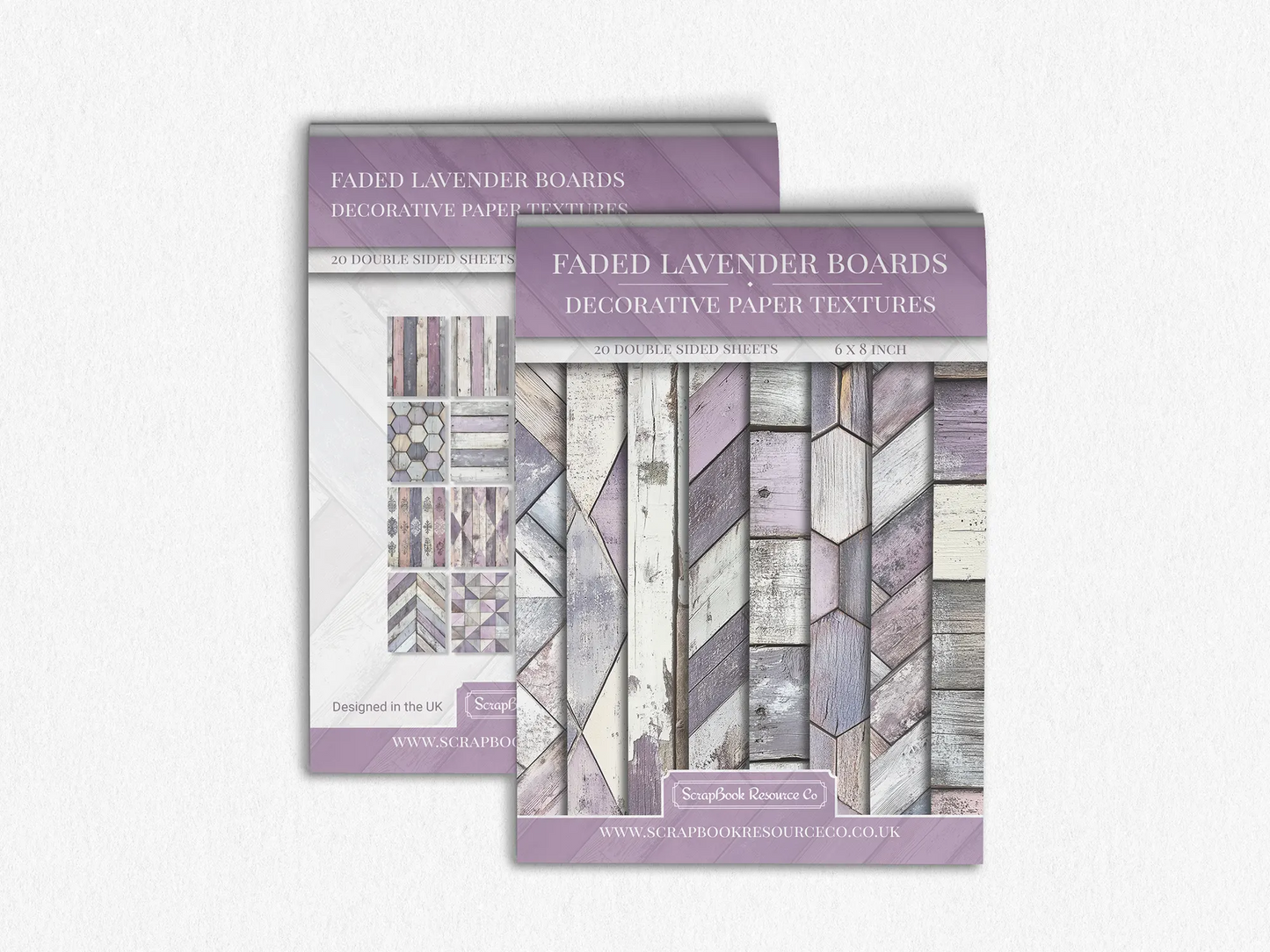 Front and Back cover of a decorative paper prints pad that contains Lilac and white coloured wooden textures