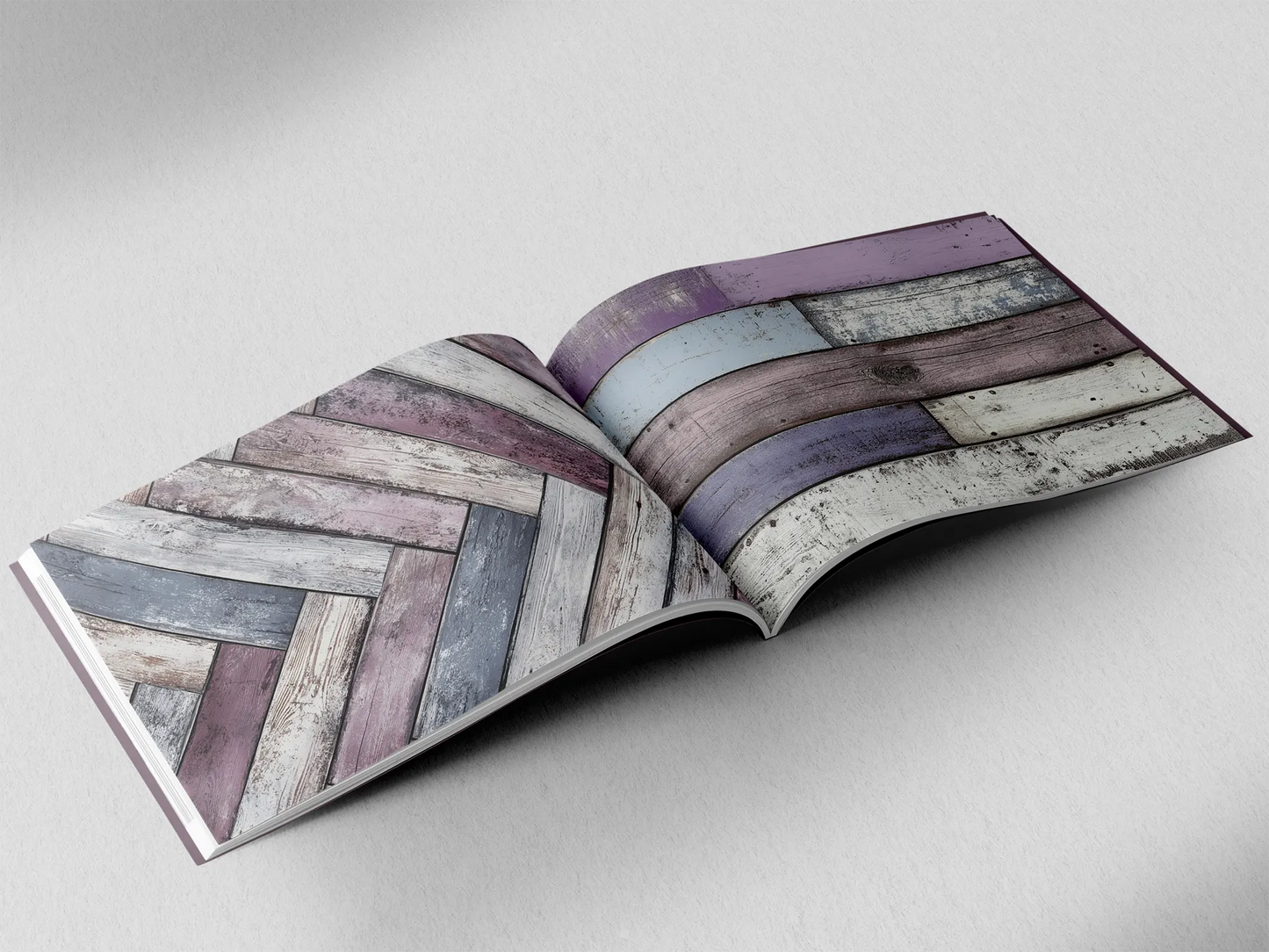 open book showing the inside pages of the decorative wooden textures prints pad. The picture inside the book is an Lilac and white wooden boards texture