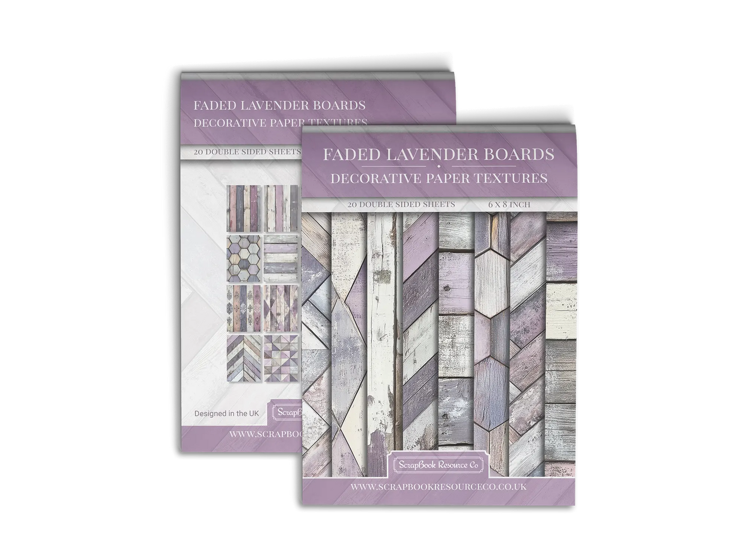 Front and Back cover of a decorative paper prints pad that contains Lilac and white coloured wooden textures