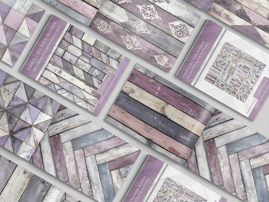 Collage of print pads organised into neat rows opened on various pages to display the inside pages which contain lilac and white coloured wooden textures