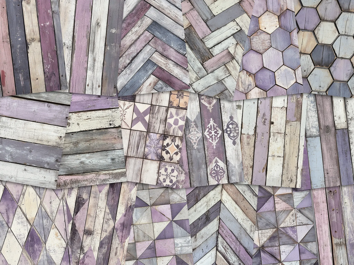 Collage of paper sheets showing the content of the wooden textures prints pad. The images on the paper sheets are wooden textures in lilac and white colours