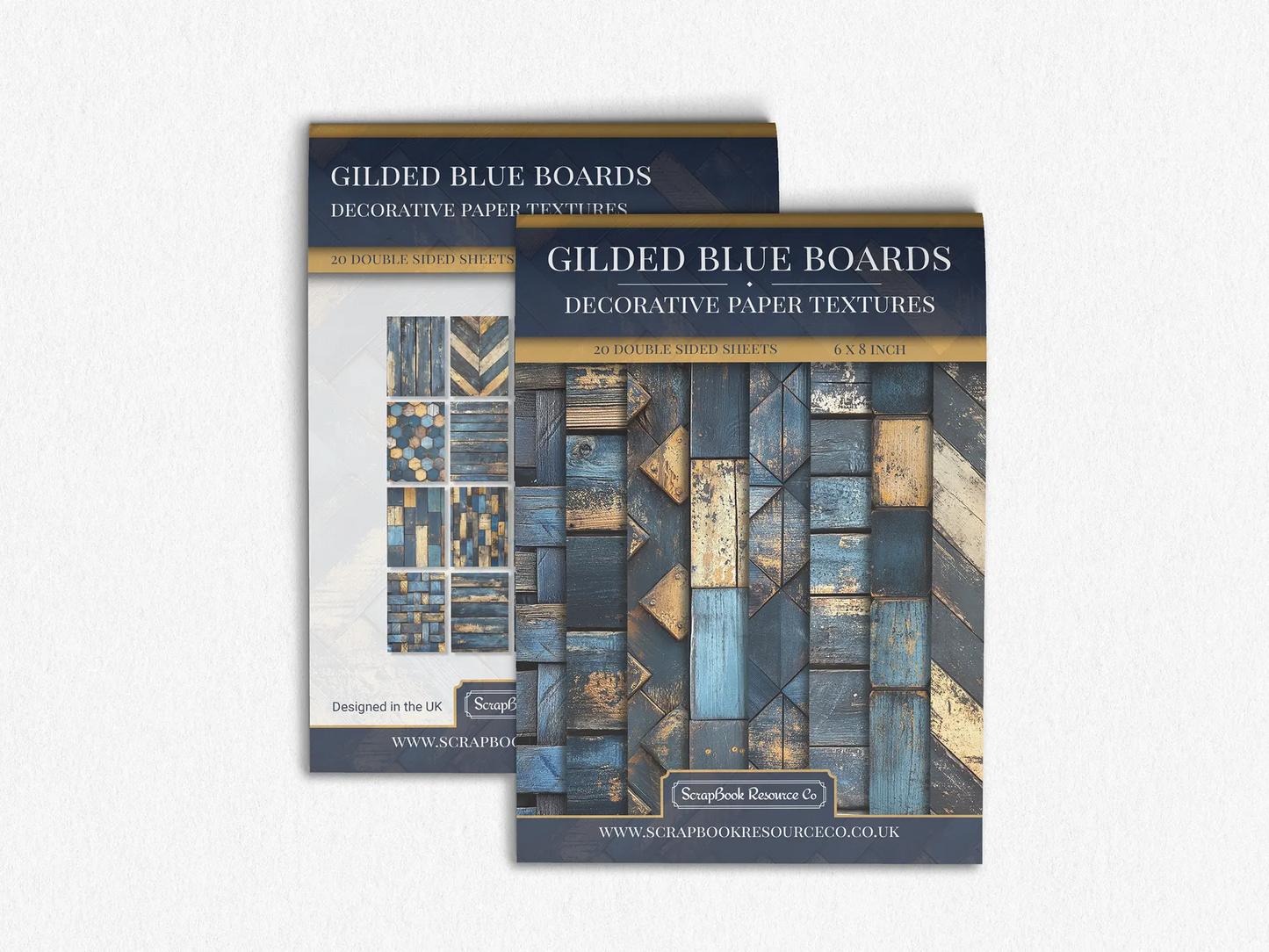 Front and Back cover of a decorative paper prints pad that contains dark blue and gold coloured wooden textures