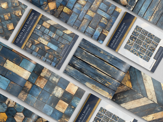 Collage of print pads organised into neat rows opened on various pages to display the inside pages which contain dark blue and gold coloured wooden textures