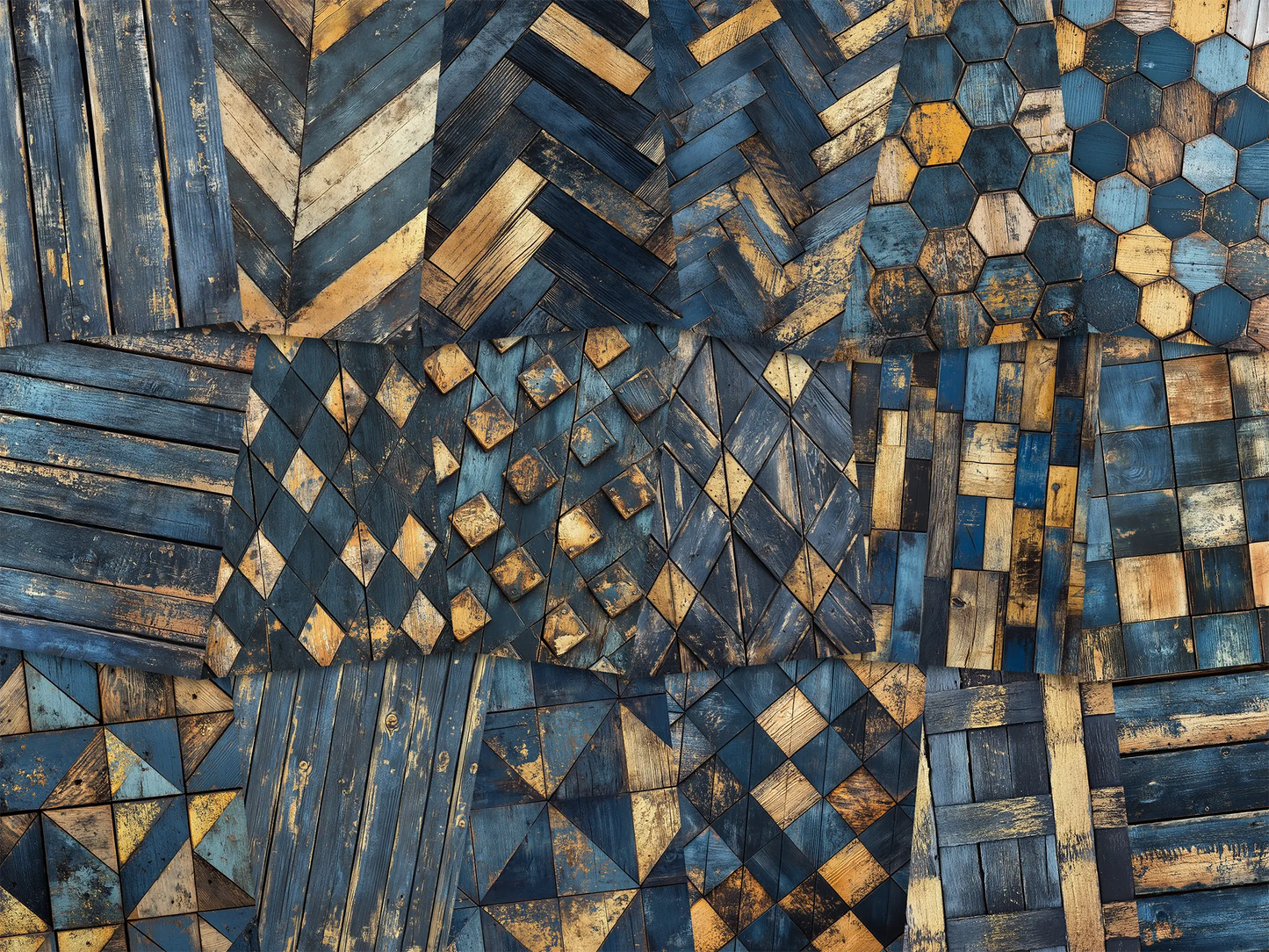 Collage of paper sheets showing the content of the wooden textures prints pad. The images on the paper sheets are wooden textures in dark blue and gold colours