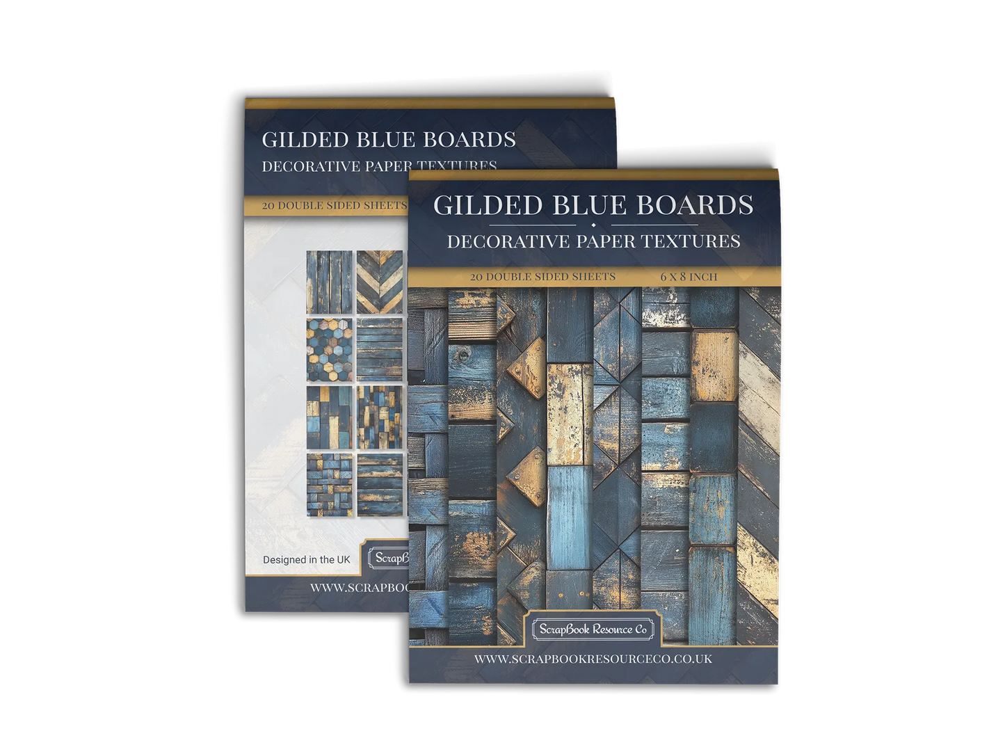 Front and Back cover of a decorative paper prints pad that contains dark blue and gold coloured wooden textures