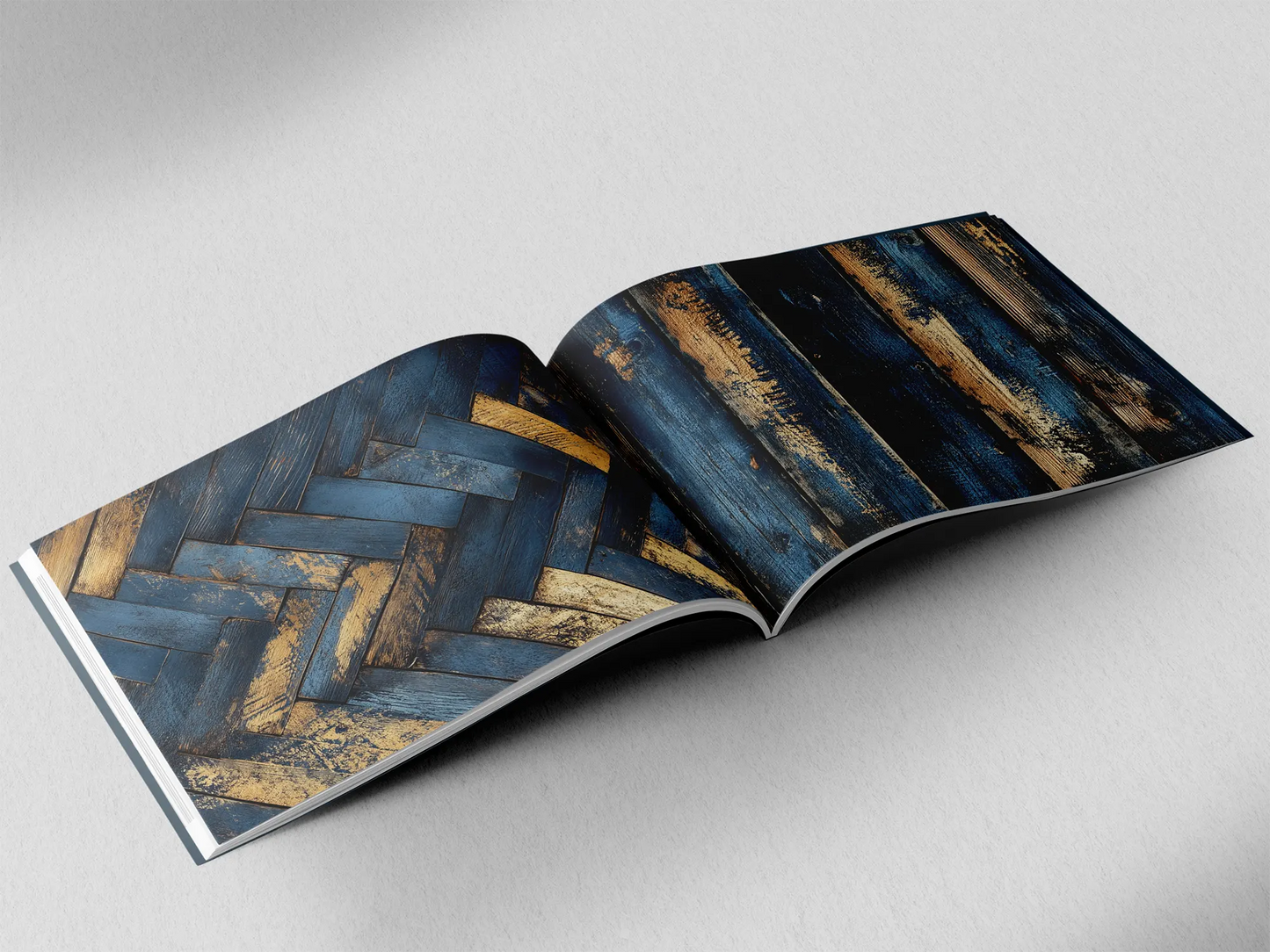 open book showing the inside pages of the decorative wooden textures prints pad. The picture inside the book is an dark blue and gold wooden boards texture