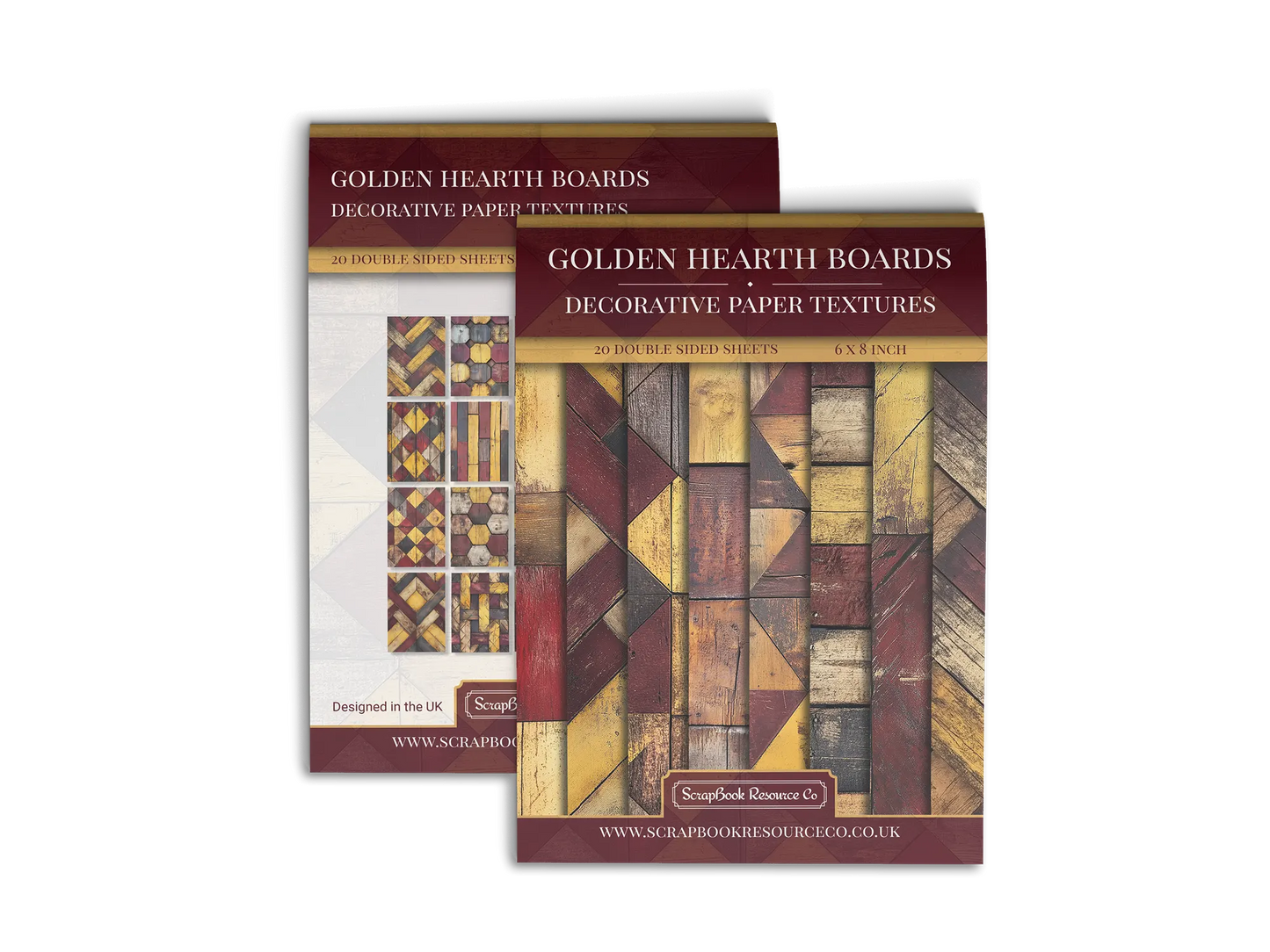 Front and Back cover of a decorative paper prints pad that contains red and gold coloured wooden textures
