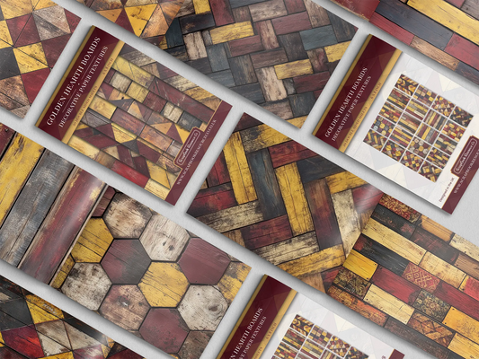 Collage of print pads organised into neat rows opened on various pages to display the inside pages which contain red and gold coloured wooden textures