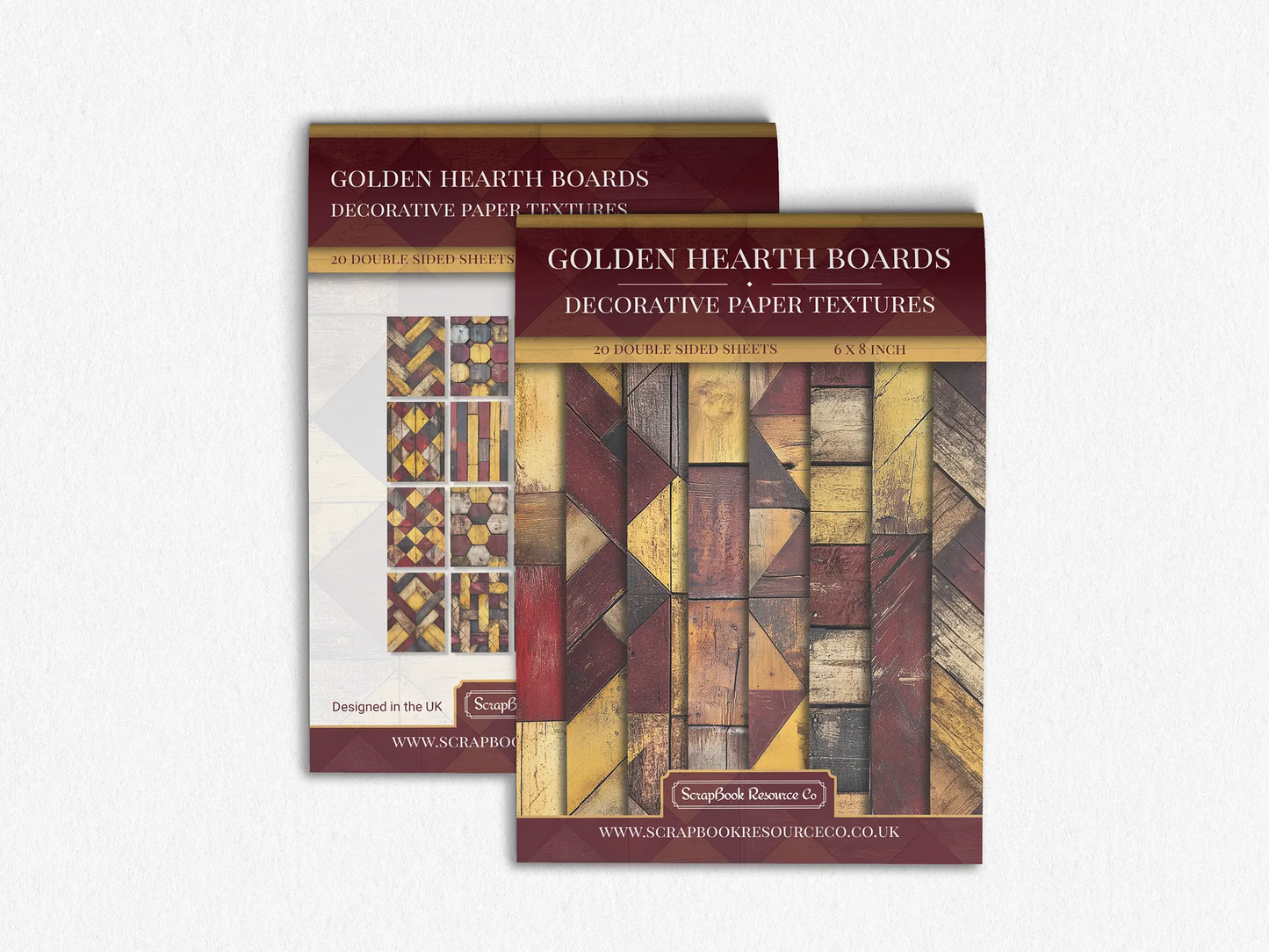 Front and Back cover of a decorative paper prints pad that contains red and gold coloured wooden textures