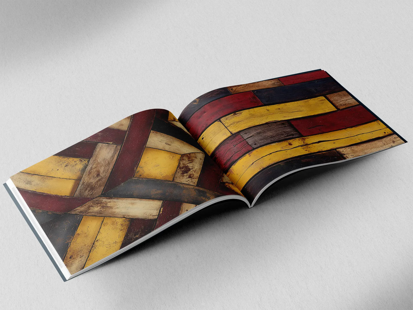 open book showing the inside pages of the decorative wooden textures prints pad. The picture inside the book is an red and gold wooden boards texture