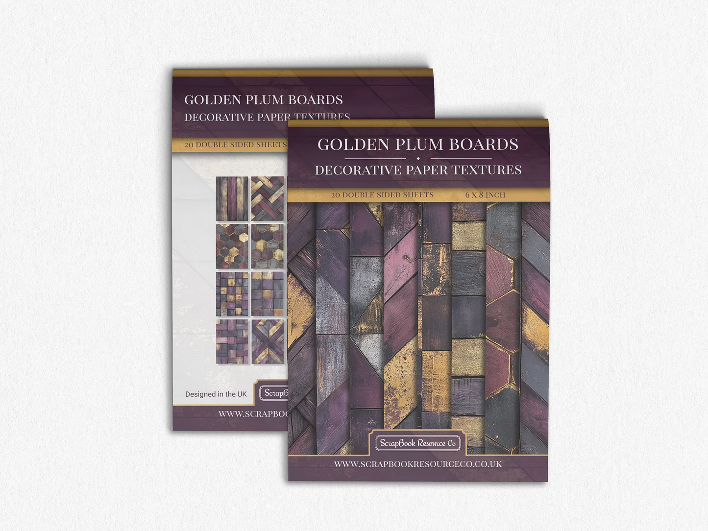 Front and Back cover of a decorative paper prints pad that contains purple and gold coloured wooden textures