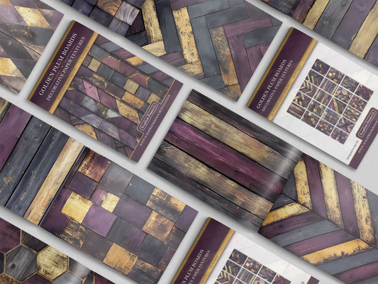 Collage of print pads organised into neat rows opened on various pages to display the inside pages which contain purple and gold coloured wooden textures