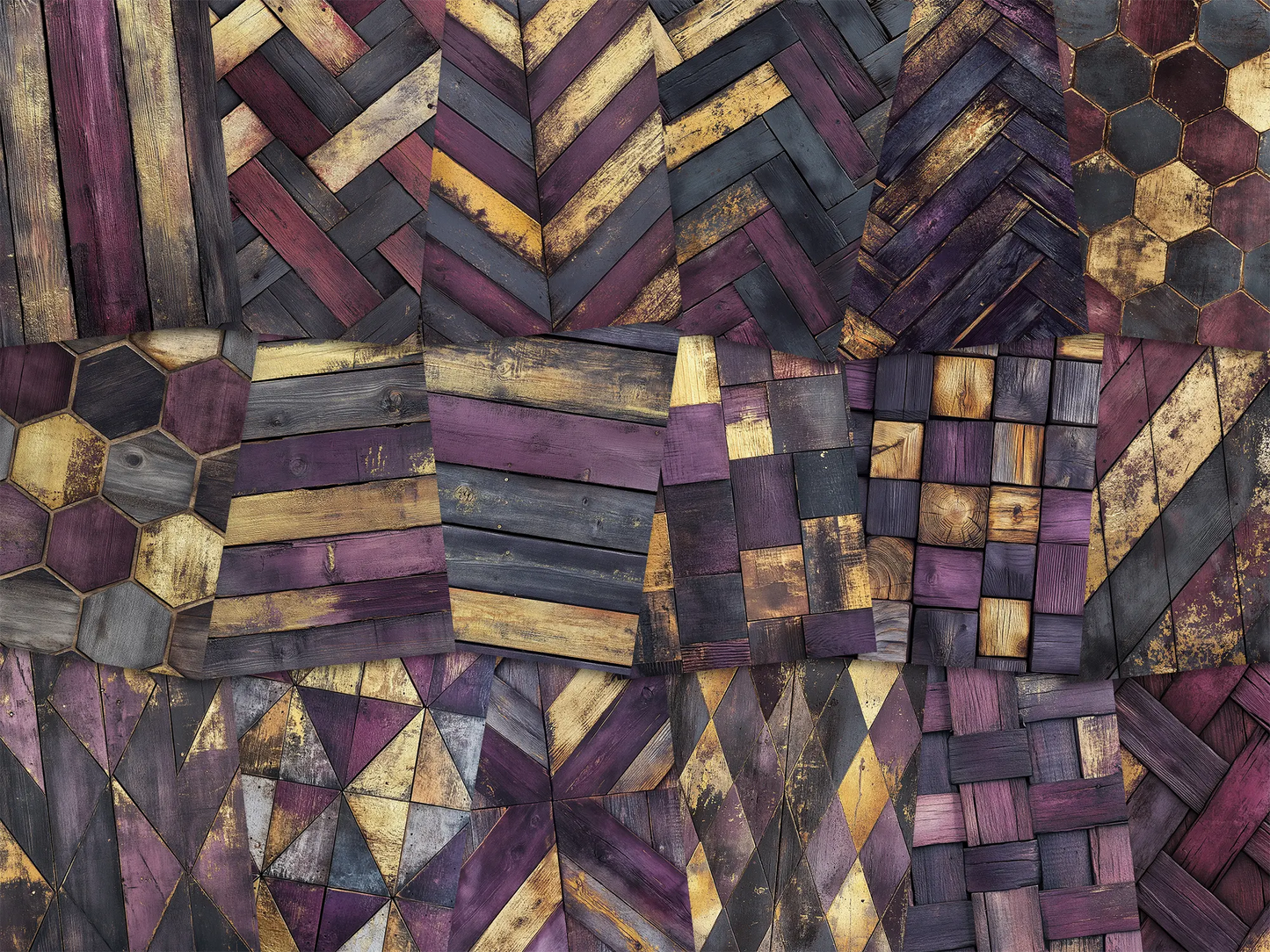 Collage of paper sheets showing the content of the wooden textures prints pad. The images on the paper sheets are wooden textures in purple and gold colours