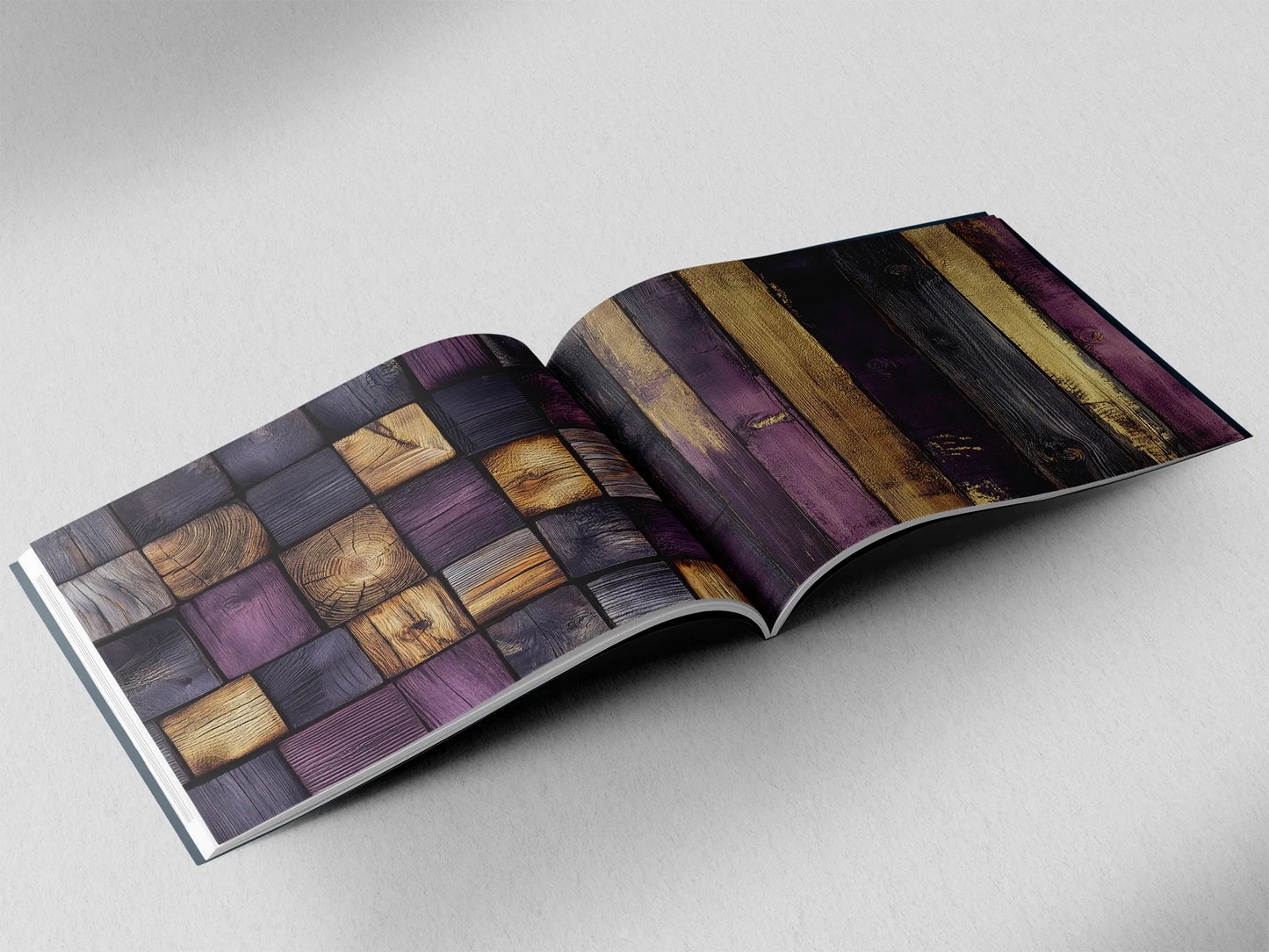 open book showing the inside pages of the decorative wooden textures prints pad. The picture inside the book is an purple and gold wooden boards texture