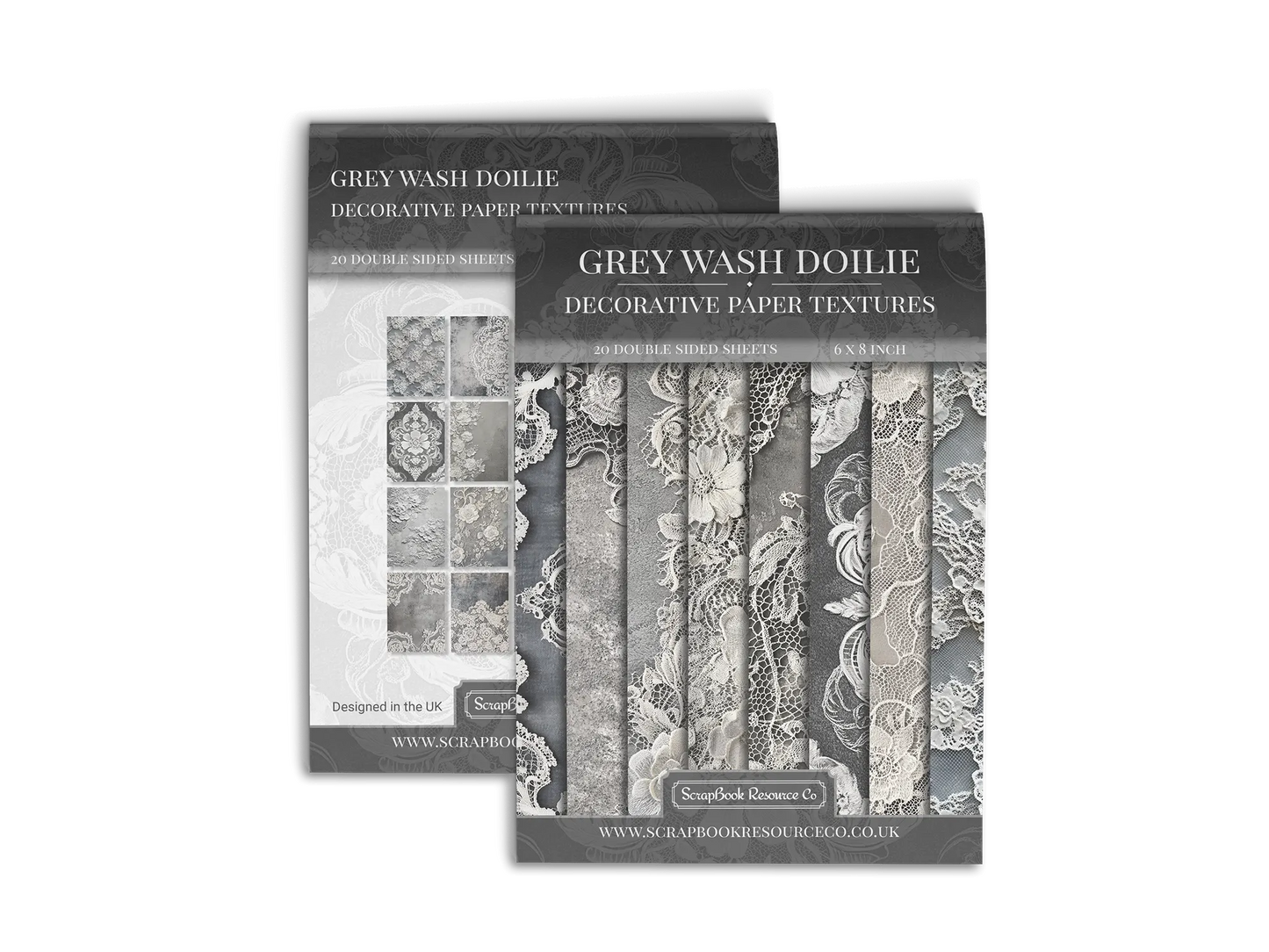 Front and Back cover of a decorative paper prints pad that contains grey and white vintage doilie patterns