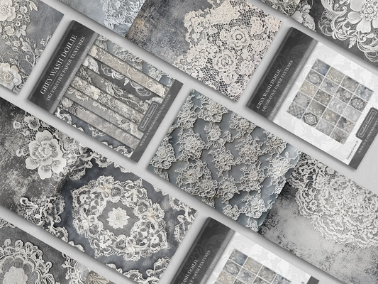 Collection of grey textured paper with lace and floral patterns