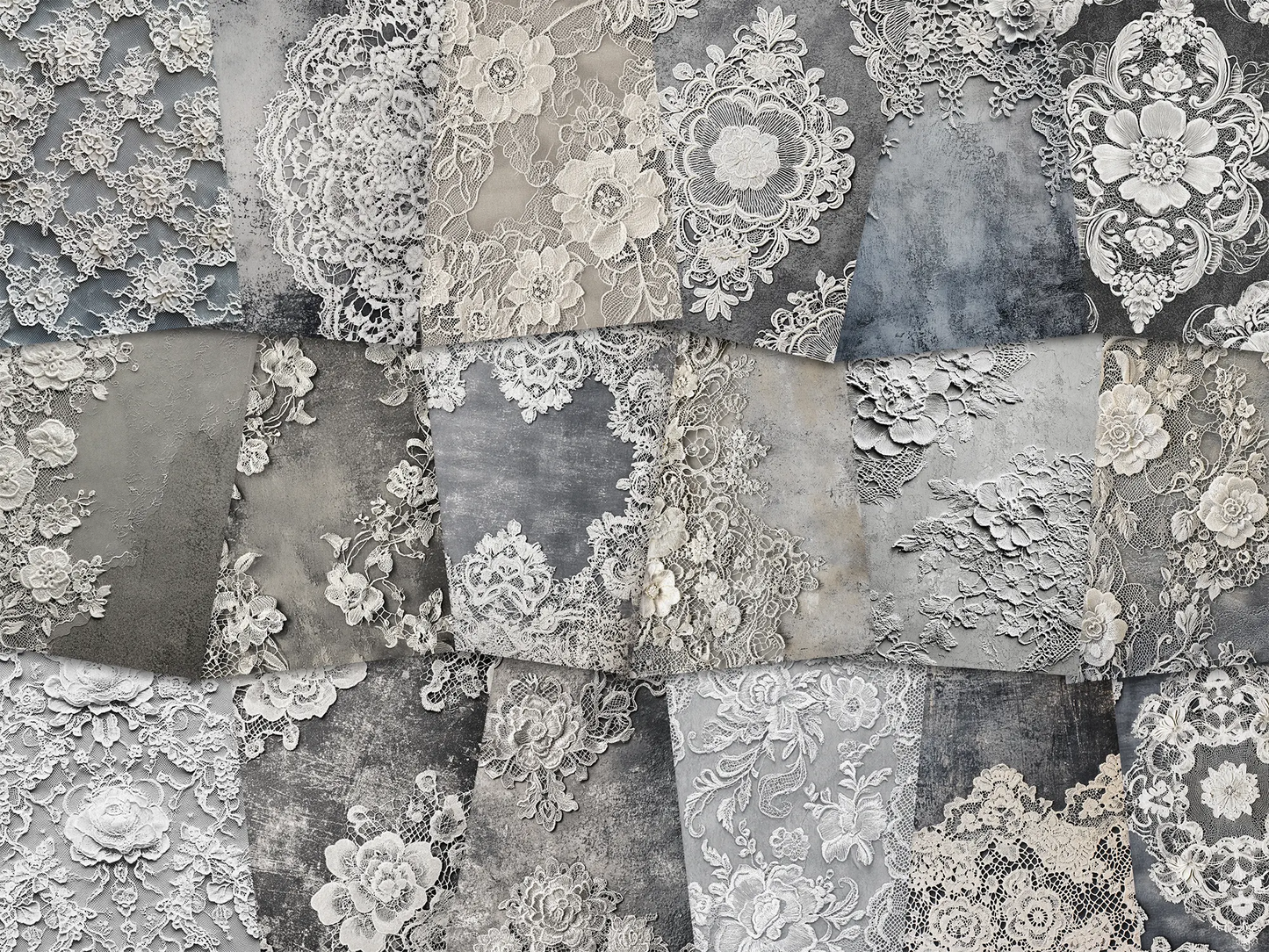 Patterned paper with floral and lace designs in shades of grey and white.
