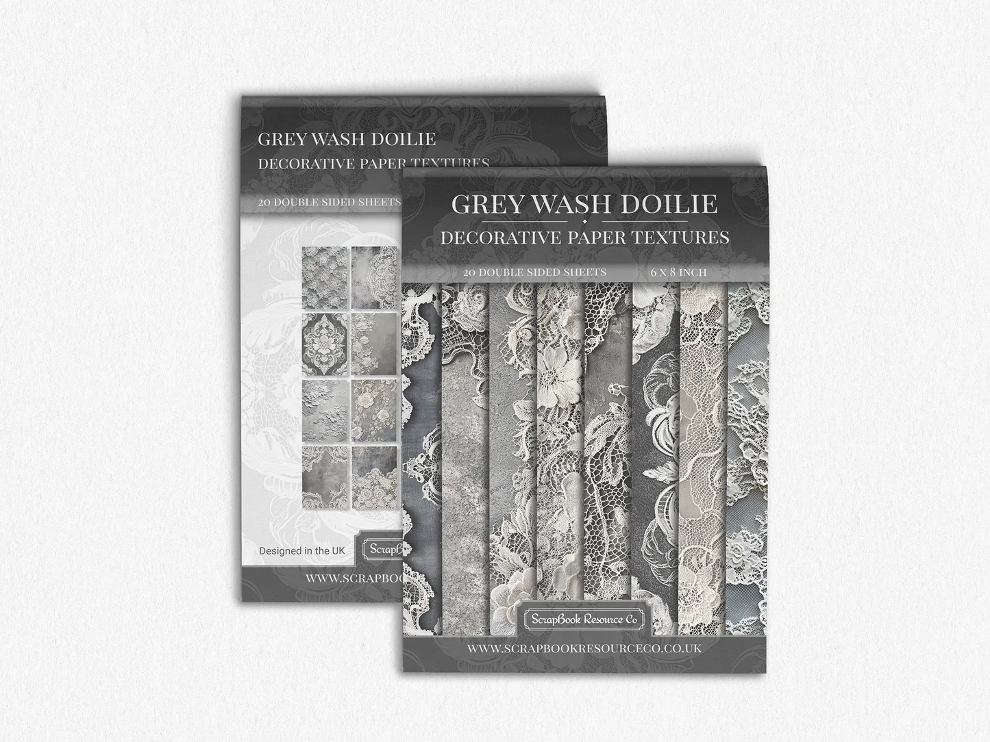 Front and Back cover of a decorative paper prints pad that contains grey and white vintage doilie patterns