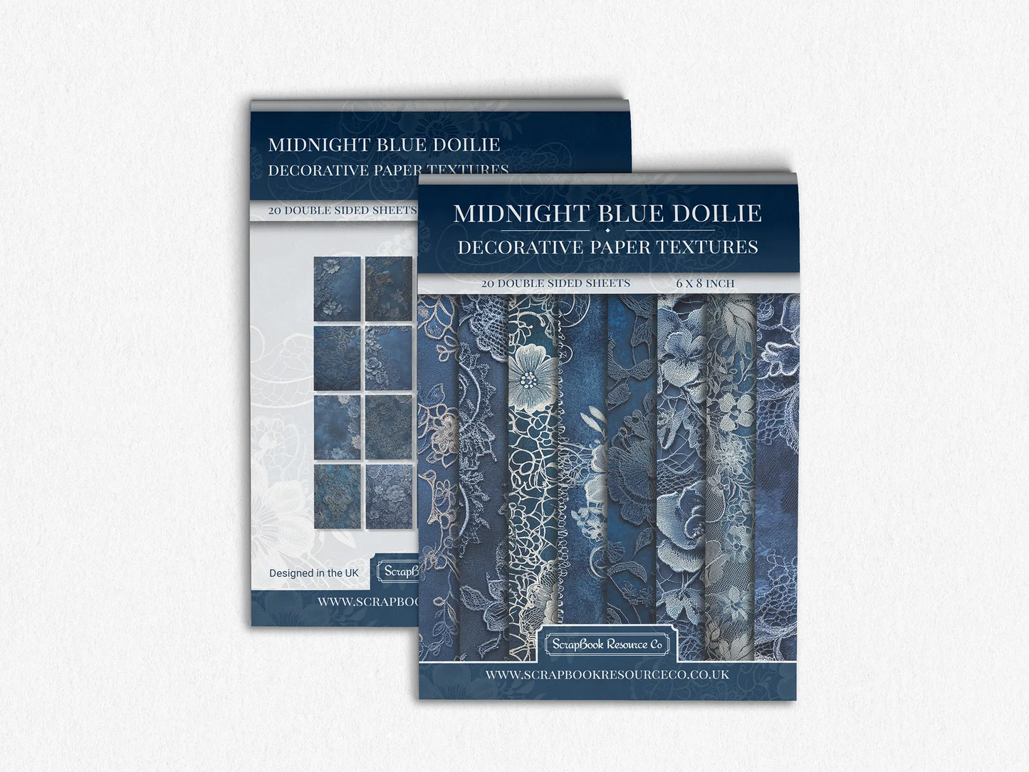 Front and Back cover of a decorative paper prints pad that contains dark blue and white vintage doilie patterns