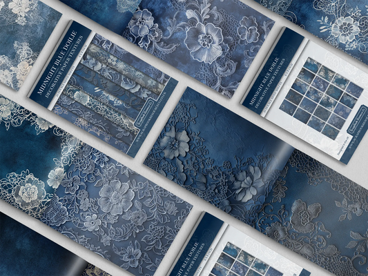 Collection of blue textured paper with lace and floral patterns