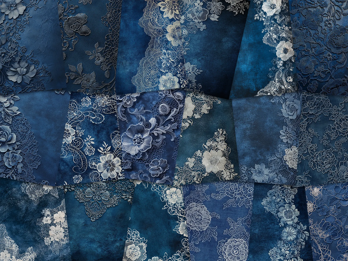 Patterned paper with floral and lace designs in shades of dark blue and white.