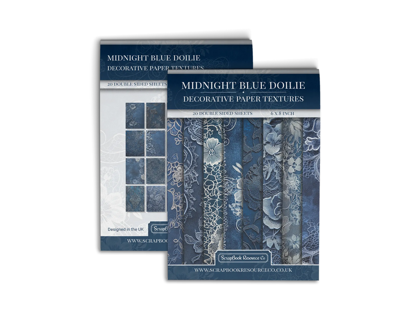 Front and Back cover of a decorative paper prints pad that contains dark blue and white vintage doilie patterns