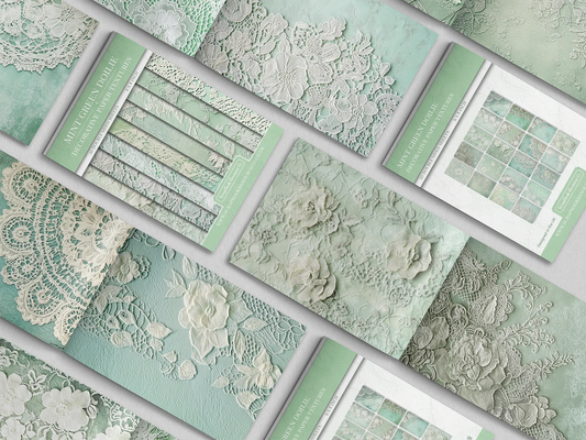 Collection of green textured paper with lace and floral patterns