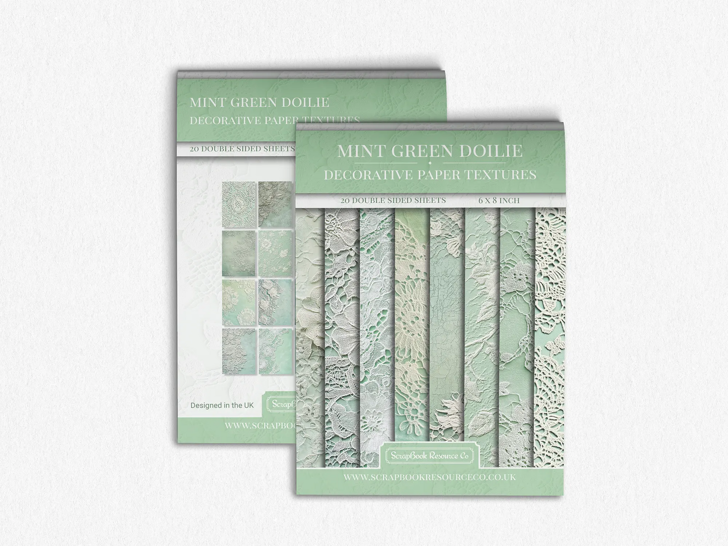 Front and Back cover of a decorative paper prints pad that contains mint green and white coloured vintage doilie patterns