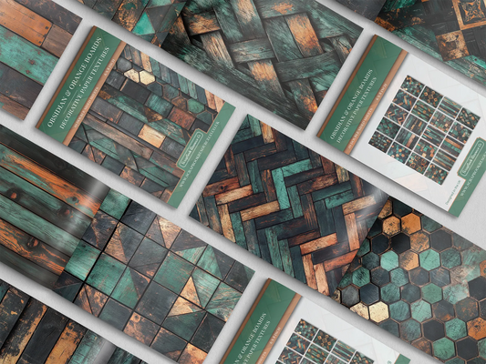Collage of print pads organised into neat rows opened on various pages to display the inside pages which contain green and black and orange coloured wooden textures