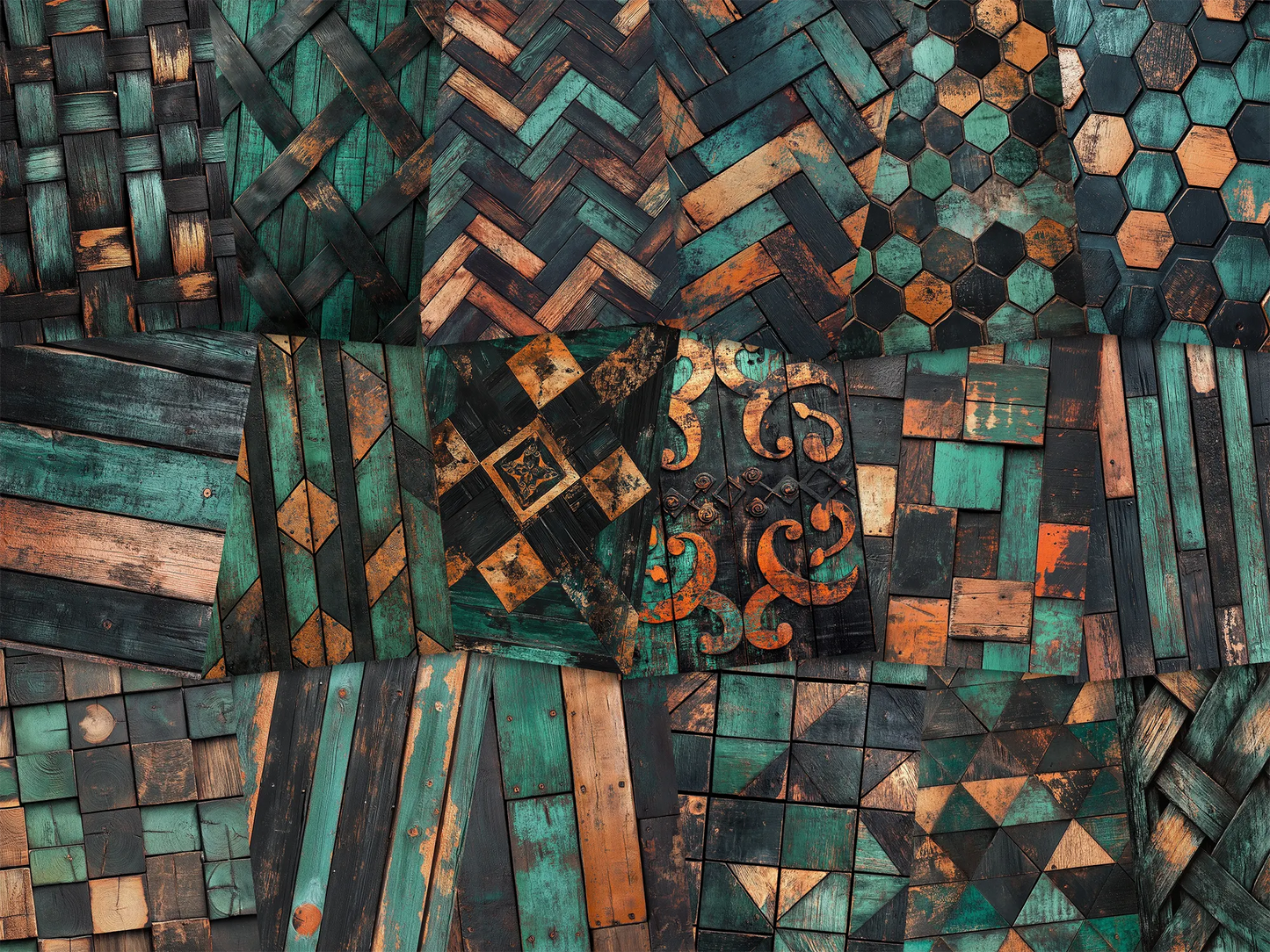 Collage of paper sheets showing the content of the wooden textures prints pad. The images on the paper sheets are wooden textures in orange and black and turquoise colours