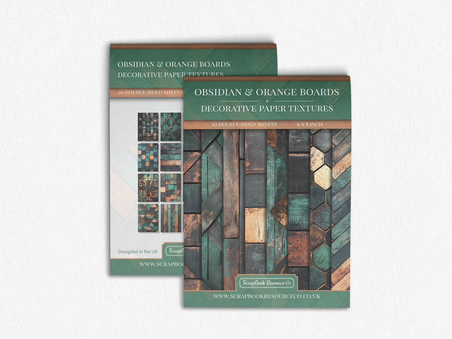 Front and Back cover of a decorative paper prints pad that contains green, orange and black coloured wooden textures