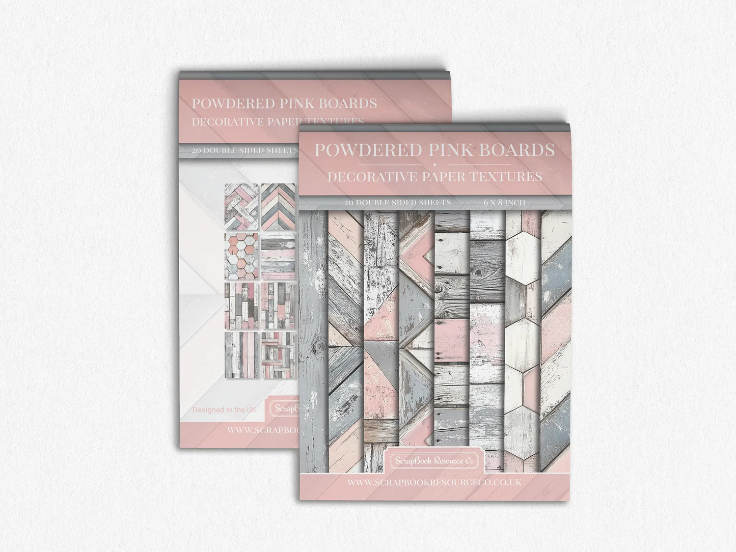 Front and Back cover of a decorative paper prints pad that contains pink and grey coloured wooden textures
