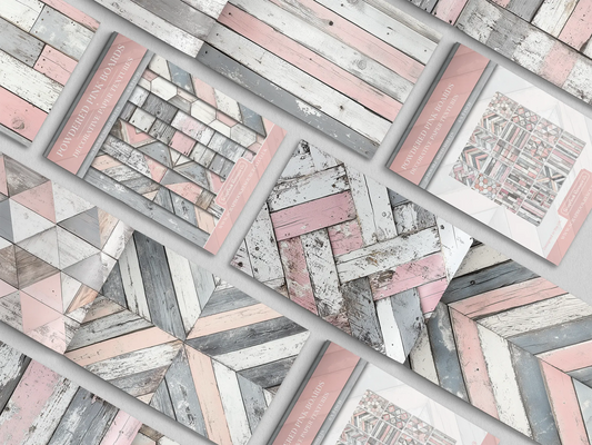 Collage of print pads organised into neat rows opened on various pages to display the inside pages which contain pink and grey coloured wooden textures