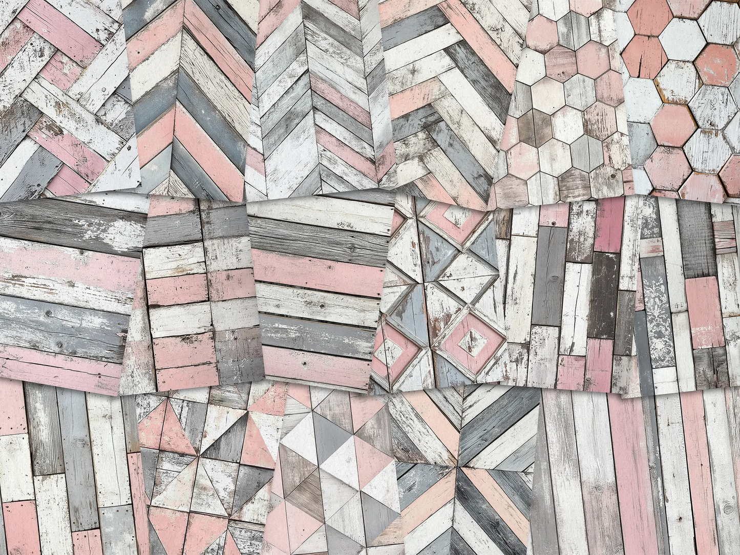 Collage of paper sheets showing the content of the wooden textures prints pad. The images on the paper sheets are wooden textures in pink and grey colours