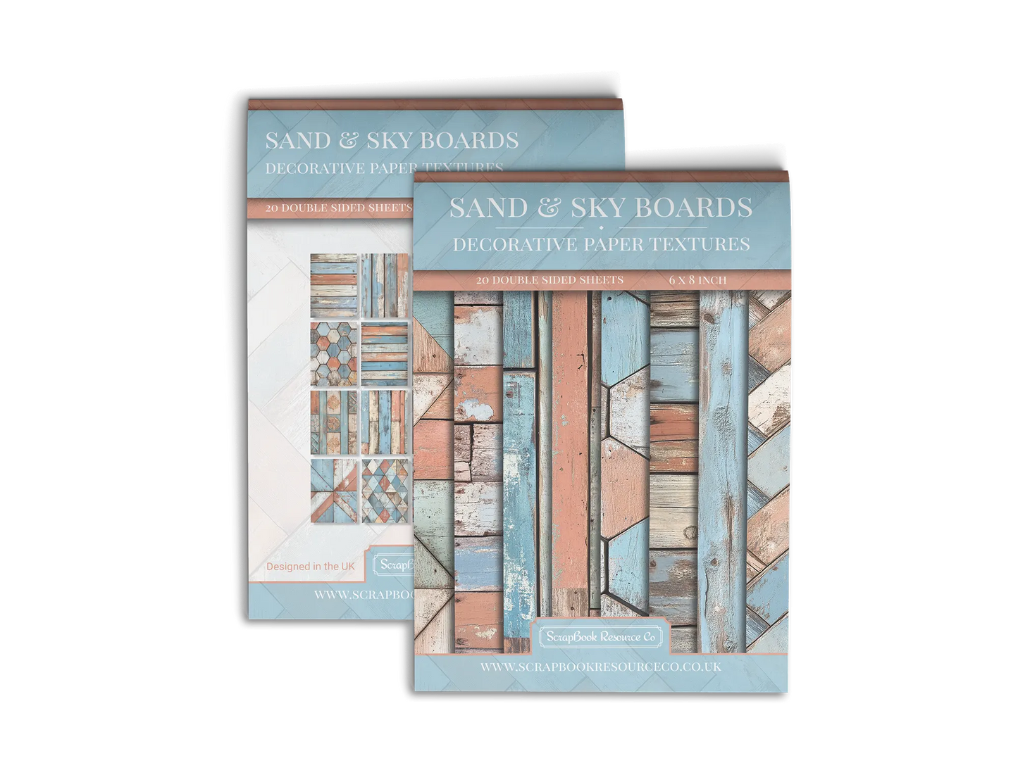 Front and Back cover of a decorative paper prints pad that contains light blue and orange coloured wooden textures