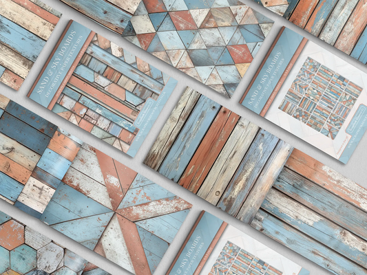 Collage of print pads organised into neat rows opened on various pages to display the inside pages which contain light blue and orange coloured wooden textures