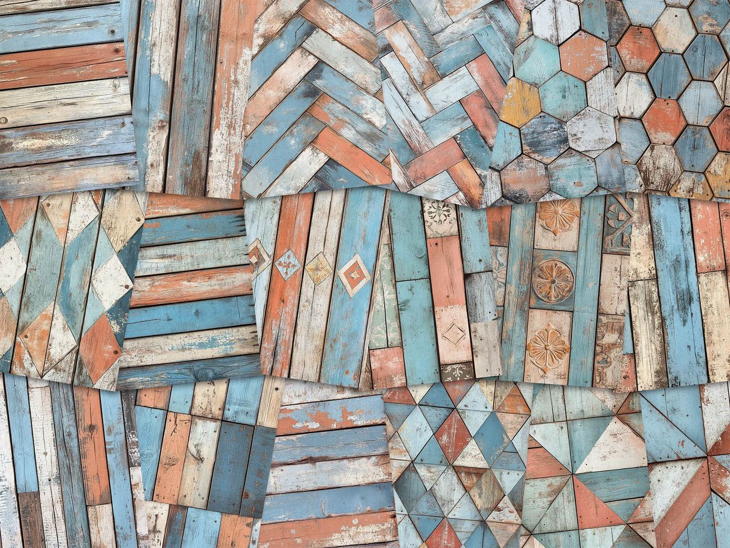 Collage of paper sheets showing the content of the wooden textures prints pad. The images on the paper sheets are wooden textures in light blue and orange colours