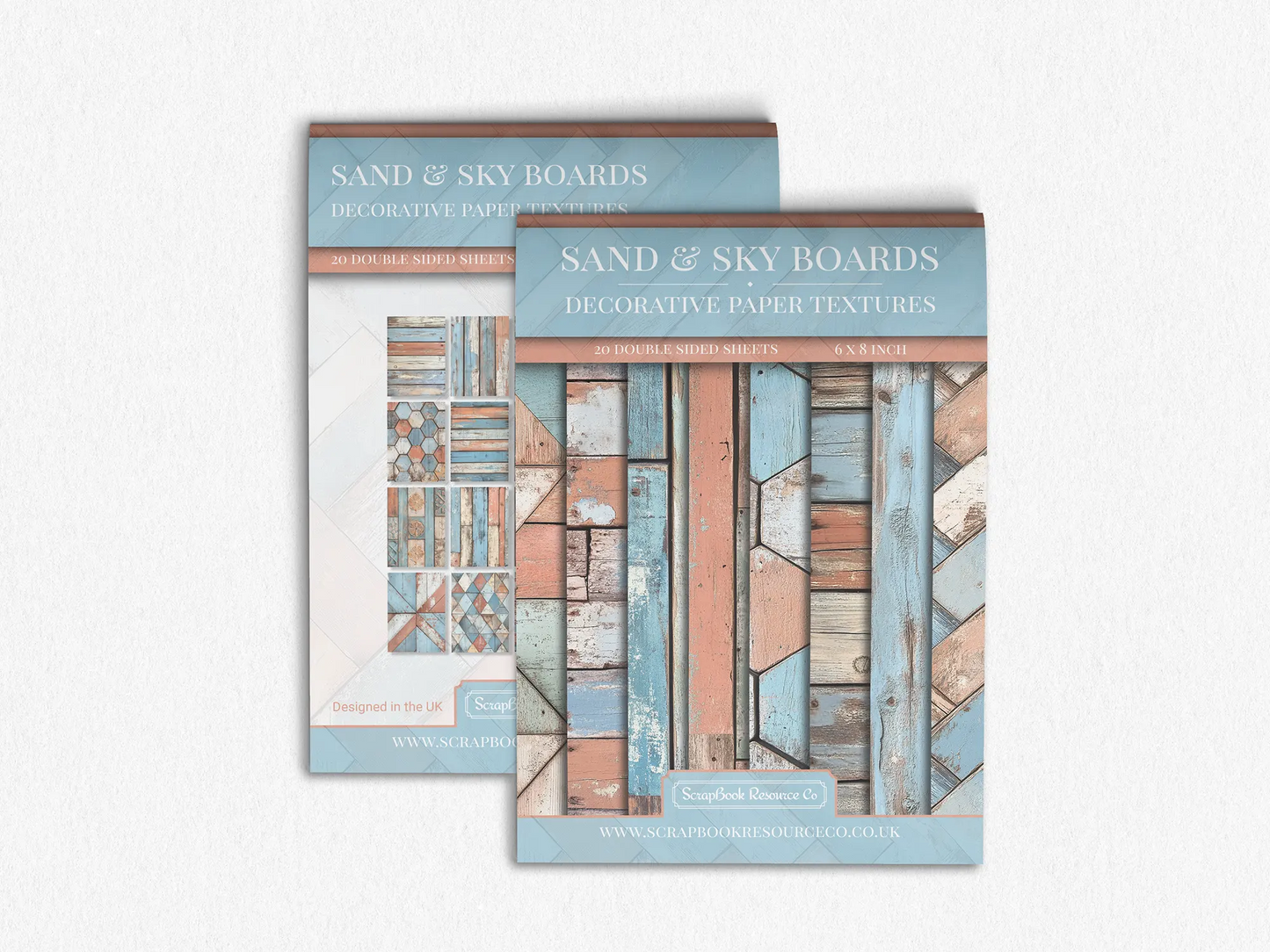 Front and Back cover of a decorative paper prints pad that contains light blue and orange coloured wooden textures