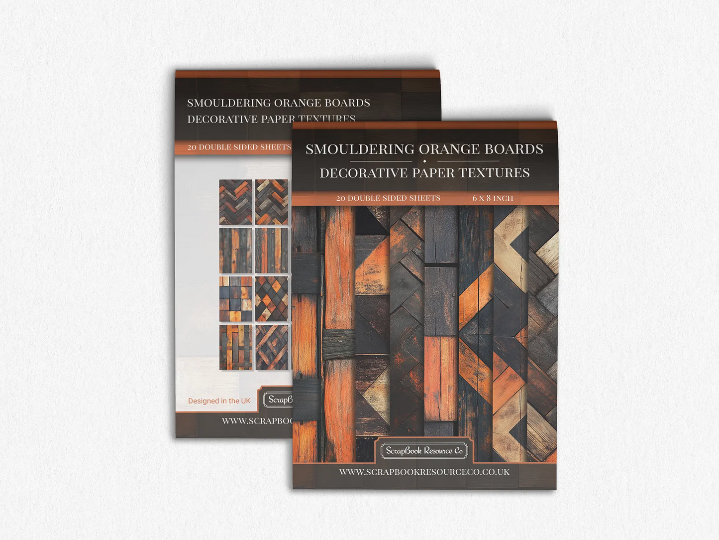 Front and Back cover of a decorative paper prints pad that contains orange and black coloured wooden textures