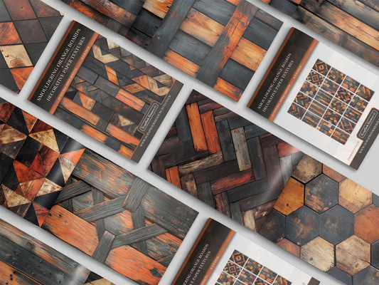 Collage of print pads organised into neat rows opened on various pages to display the inside pages which contain orange and black coloured wooden textures